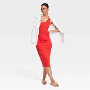 Like New🎯 Target A New Day Ribbed Side-Ruched Midi Dress Red Size XS